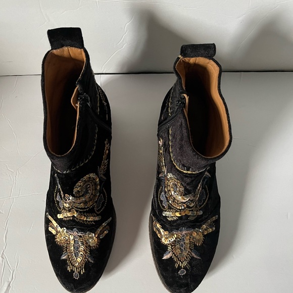 Coral Blue Herringbone Anthropologie velvet  black sequin ankle zip boot - Picture 2 of 6